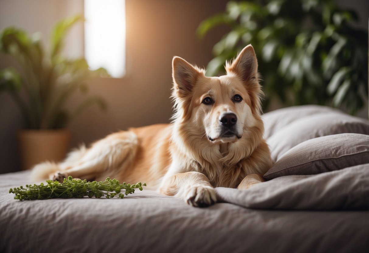 A calm dog resting on a comfortable bed, with a diffuser emitting valerian root oil in the background. The dog appears relaxed and content, free from anxiety