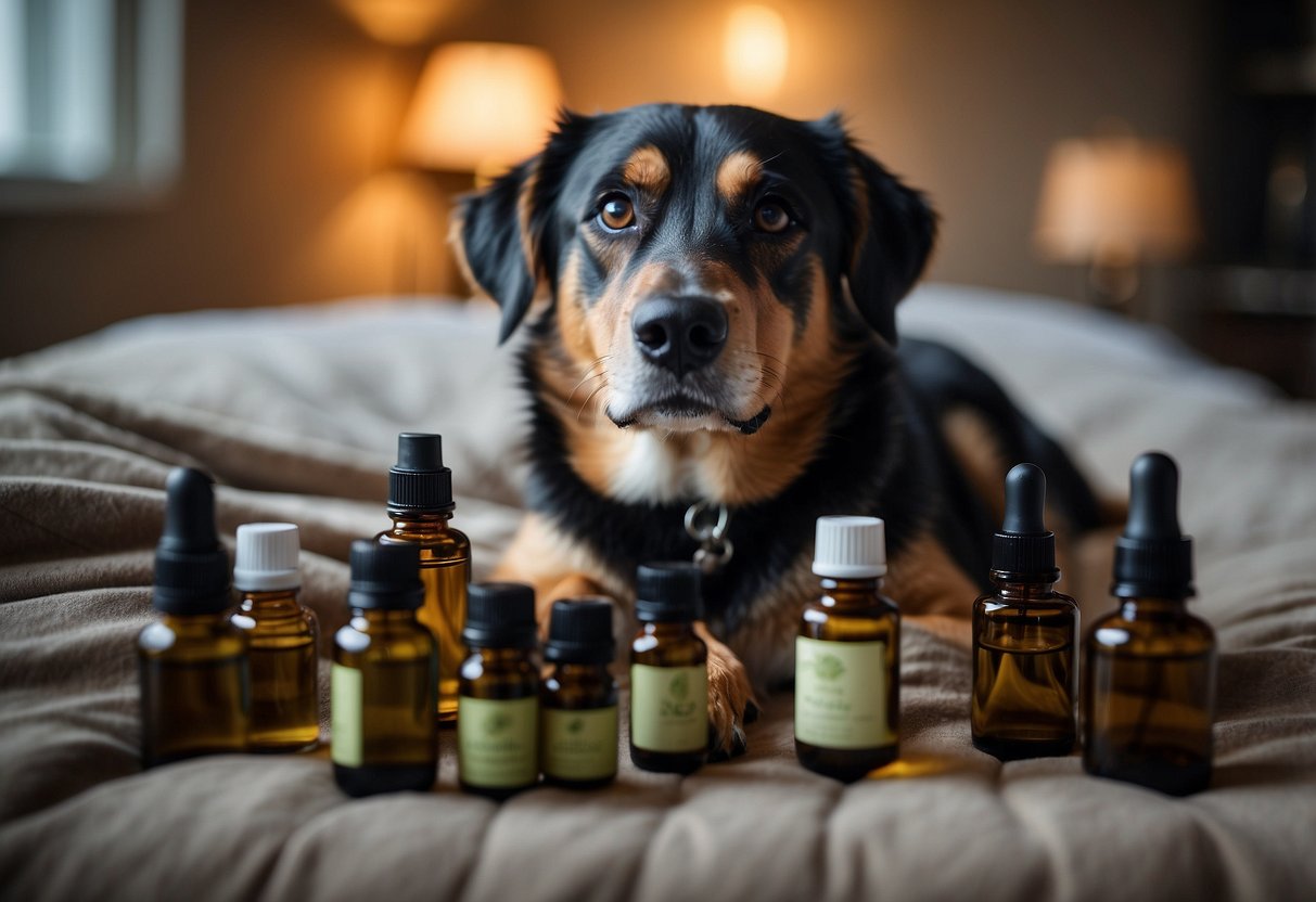 A calm dog surrounded by bottles of essential oils, lying on a comfortable bed with a serene expression