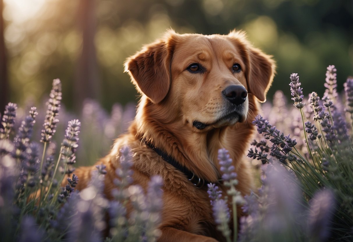 A calm dog surrounded by lavender, chamomile, and frankincense essential oil bottles, with a peaceful expression on its face