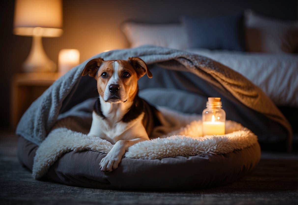 A cozy dog bed surrounded by soft blankets and dim lighting. A diffuser emits calming essential oils, creating a peaceful atmosphere for a restful night's sleep