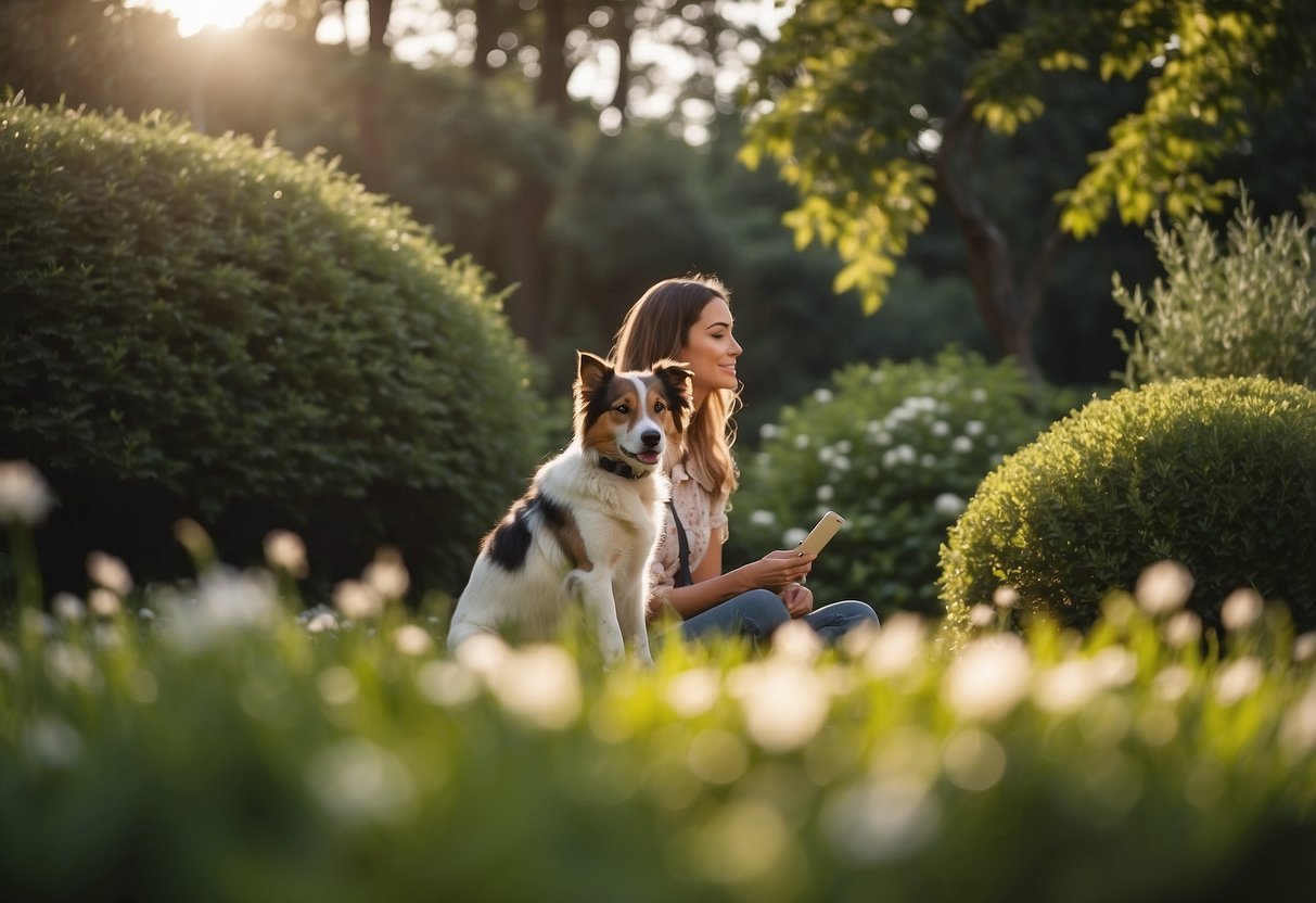 A dog and its owner sit in a peaceful garden, surrounded by nature. The dog is calmly focused, while the owner practices mindfulness, breathing deeply and observing the present moment