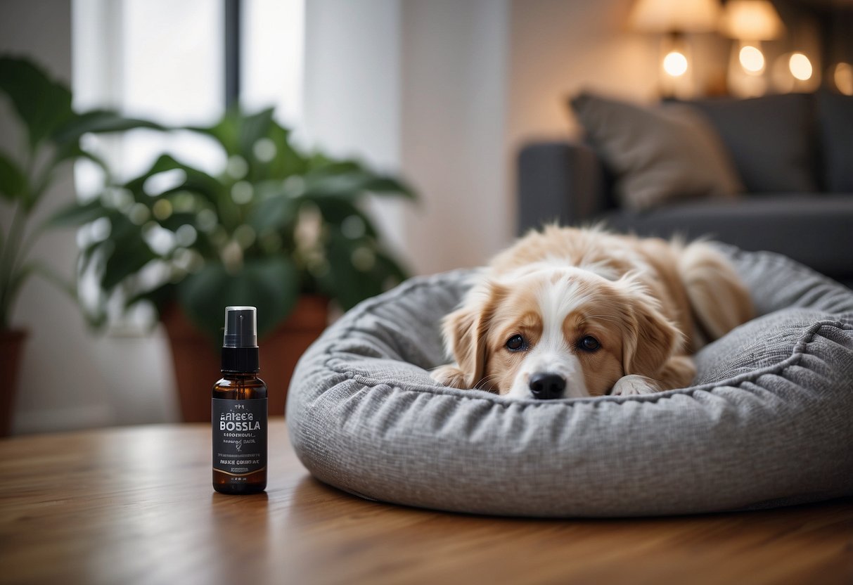 A dog bed sits in a peaceful room, with a calming essential oil spray nearby. The soft lighting and cozy atmosphere create a serene environment for the dog to relax and sleep
