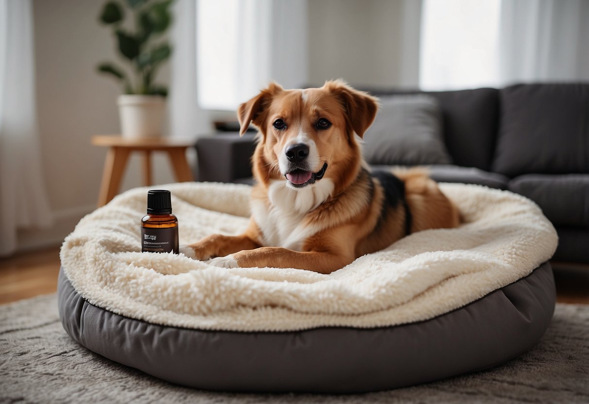 A dog bed with a calming essential oil spray bottle next to it, surrounded by soft blankets and toys, creating a peaceful and inviting atmosphere for the dog