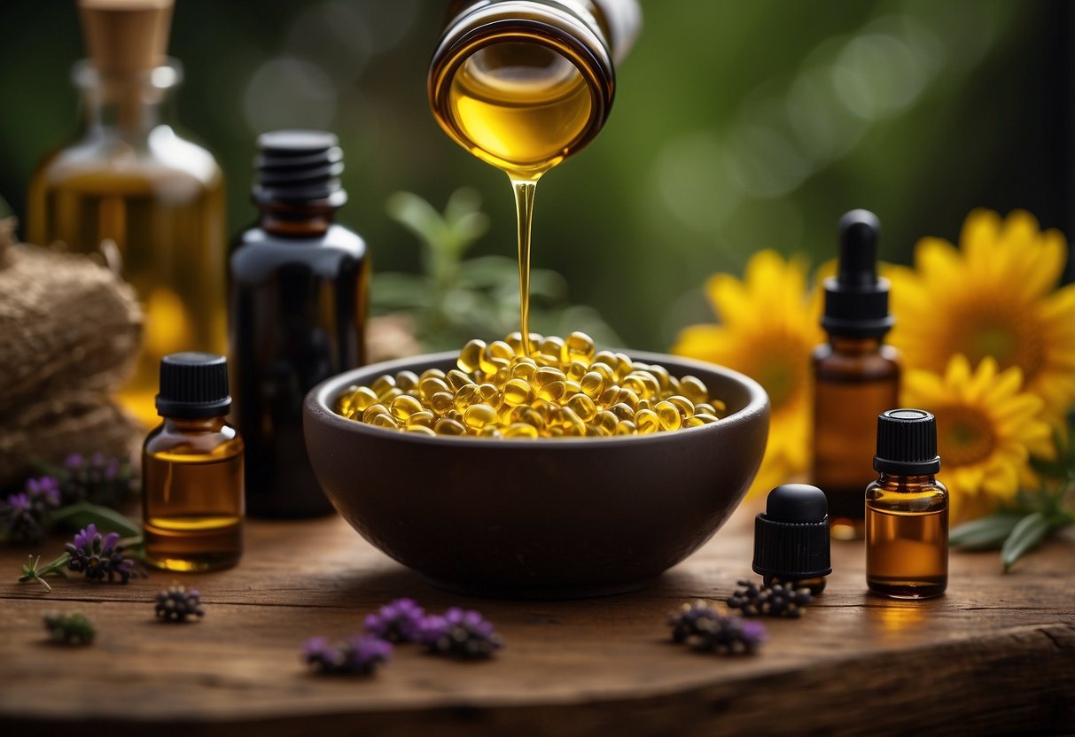 A dog bowl filled with carrier oil, surrounded by bottles of essential oils. A dropper is shown adding a drop of essential oil into the carrier oil