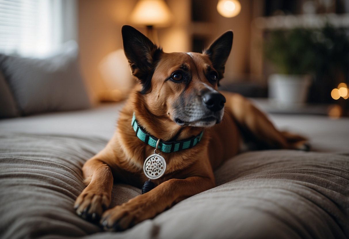 A dog collar with essential oil diffuser. A calm dog lays on a cozy bed, wearing the collar. A diffuser emits soothing scents