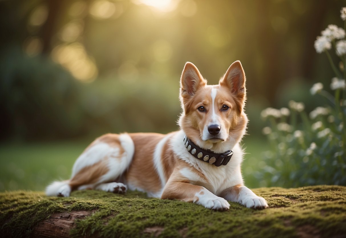 A dog collar with essential oil diffuser attached. A serene dog wearing the collar, surrounded by calming elements like nature or soft lighting