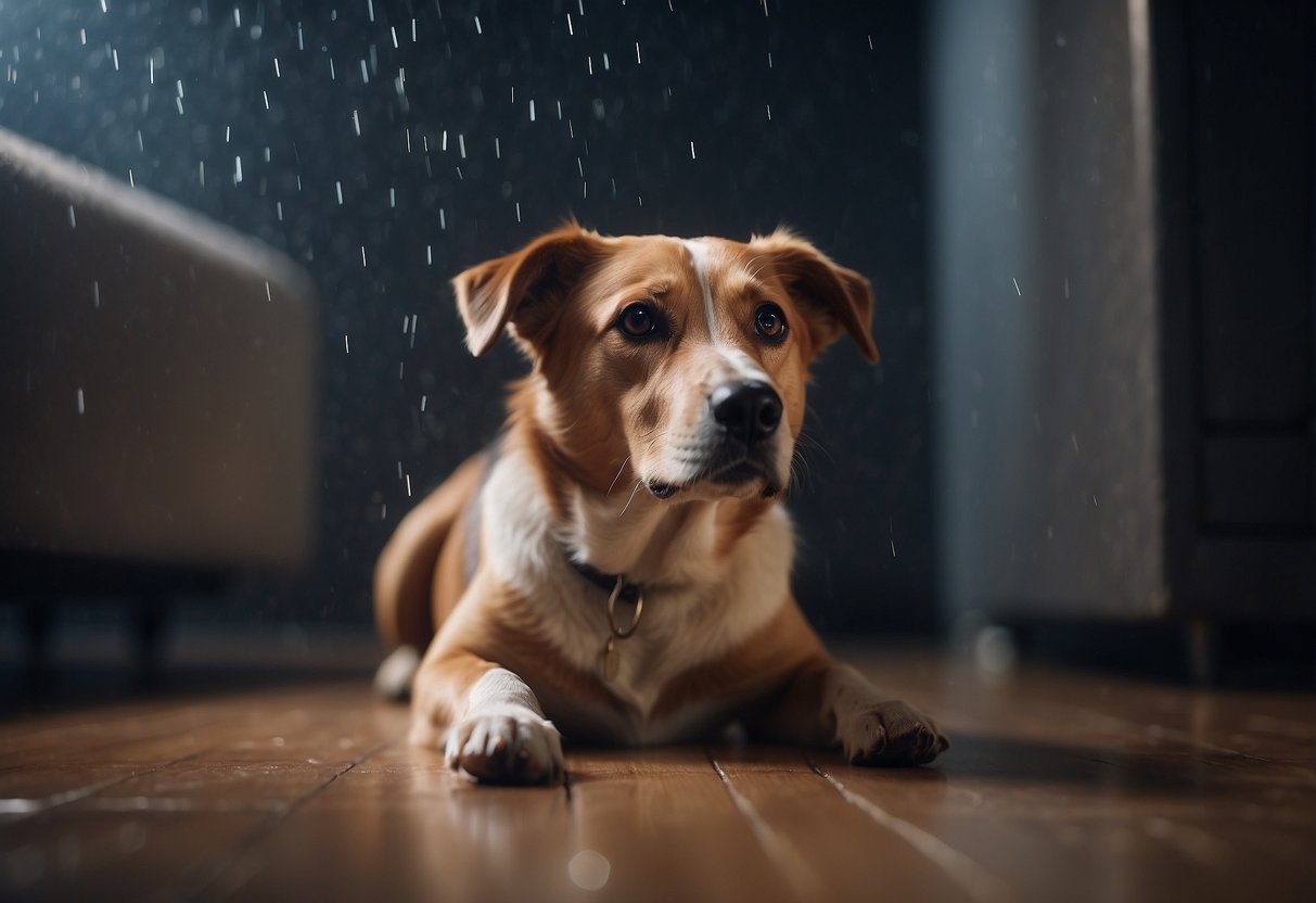 A dog cowers in a corner during a thunderstorm, ears flattened, eyes wide with fear. A diffuser emits calming essential oils nearby