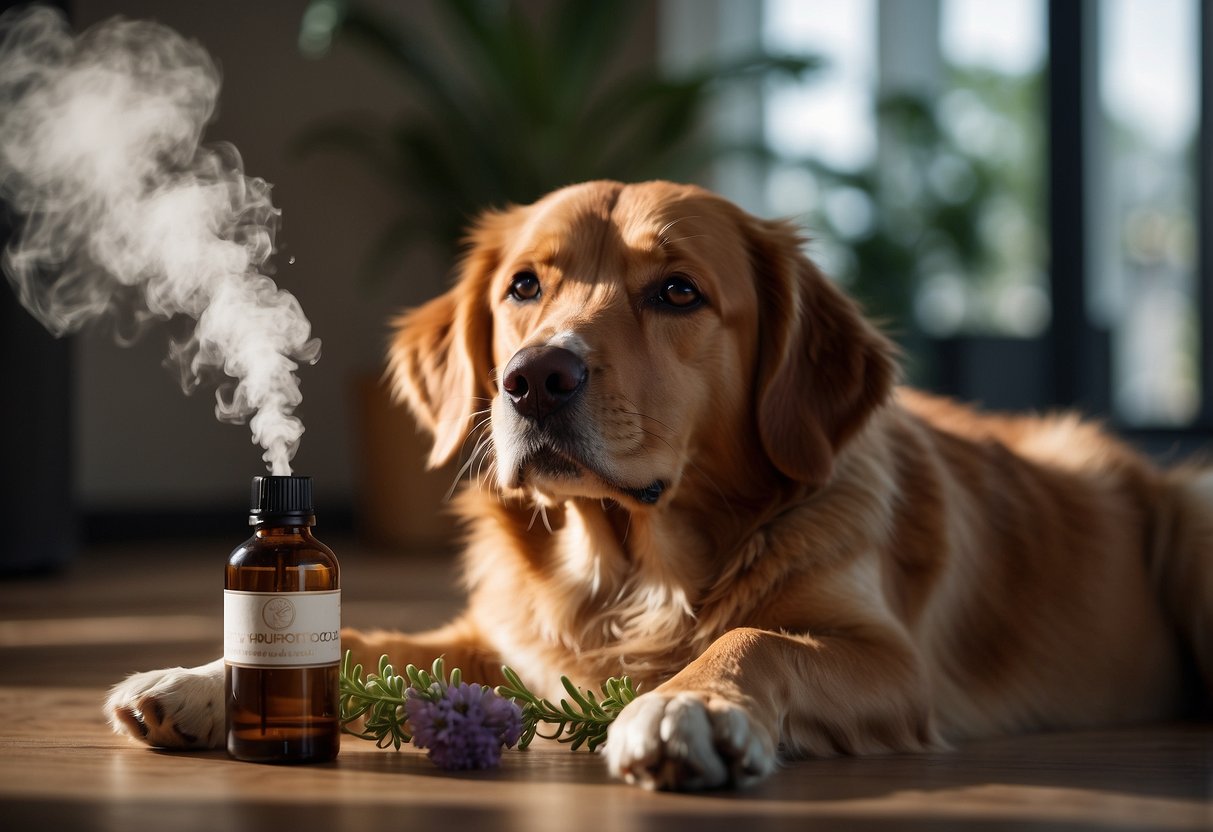 A dog laying peacefully with a diffuser emitting calming essential oils nearby