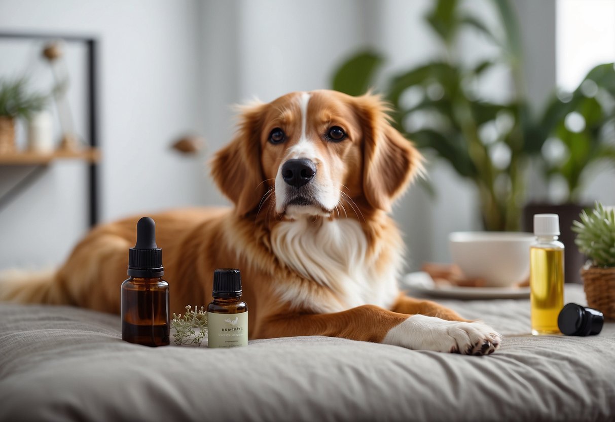 A dog lies on a soft bed surrounded by calming essential oils. A diffuser releases gentle scents, creating a peaceful and relaxing atmosphere for the pup