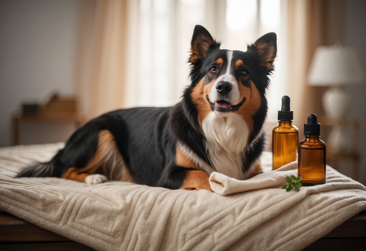 A dog lies on a soft blanket, surrounded by calming essential oils. A gentle massage is being administered, creating a serene and relaxed atmosphere
