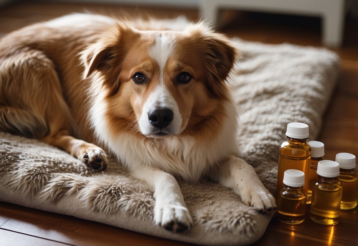 A dog lies on a soft mat, surrounded by calming essential oils. A gentle hand massages the dog's back, promoting relaxation and comfort