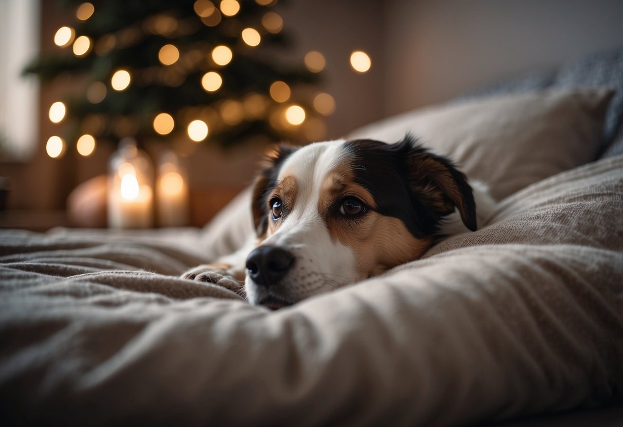 A dog lies peacefully on a cozy bed, surrounded by a calming atmosphere. A diffuser releases the scent of frankincense oil, helping to ease the dog's separation anxiety