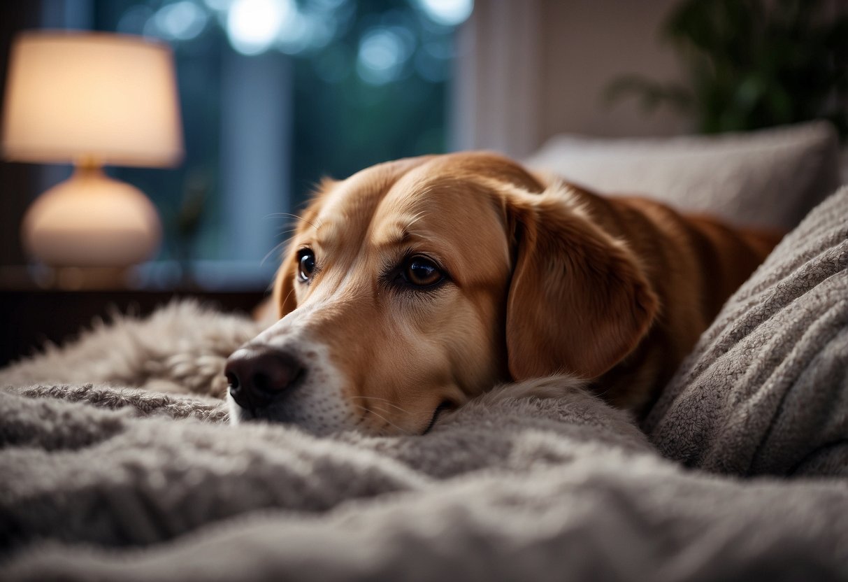 A dog lies peacefully on a cozy bed, surrounded by calming essential oil diffusers as a thunderstorm rages outside
