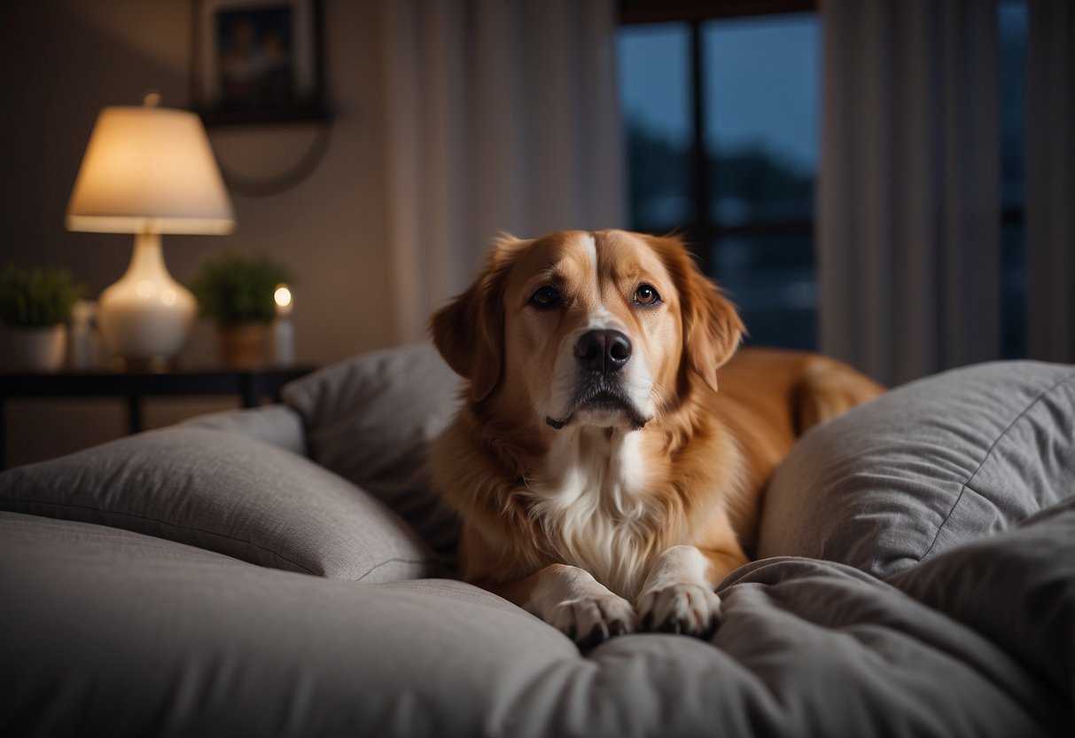 A dog lies peacefully on a cozy bed, surrounded by calming essential oil diffusers. Lightning flashes outside as the dog relaxes, comforted by the soothing aromas