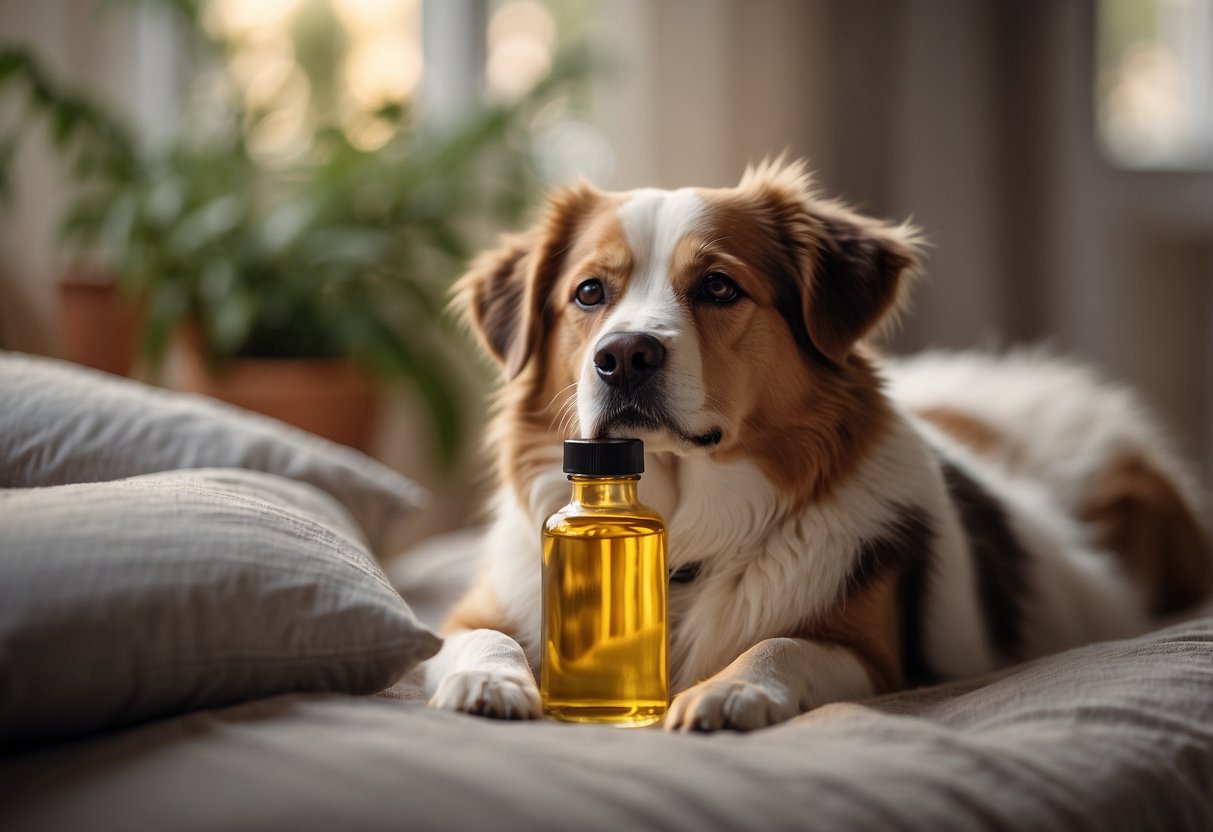 A dog lies peacefully on a cozy bed, surrounded by calming scents of valerian root oil. A bottle of the oil sits nearby, with a cautionary label displayed prominently