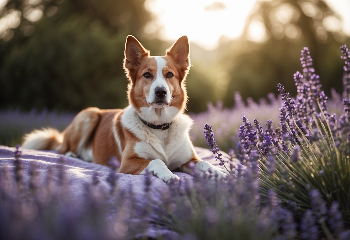 A dog lies peacefully on a soft blanket, surrounded by sprigs of blooming lavender. A small bottle of lavender essential oil sits nearby, emitting a calming aroma