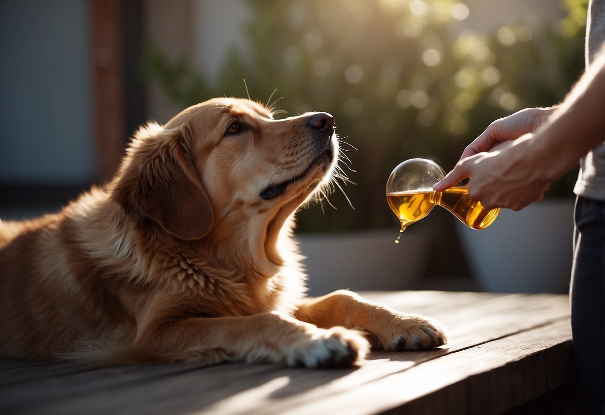 A dog lying calmly as drops of essential oil are being applied to its fur with a gentle touch