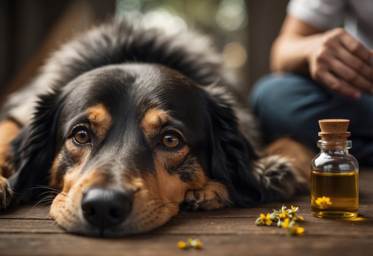 A dog lying calmly as essential oils are applied to its fur, with a person observing its reaction closely