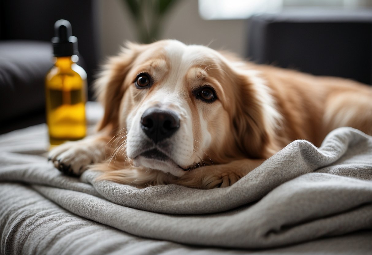 A dog lying calmly on a soft blanket, surrounded by diffusers emitting a gentle scent. A vet visit pamphlet and a bottle of essential oil are placed nearby