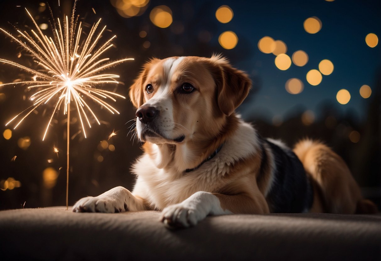 A dog lying calmly with a diffuser emitting essential oils nearby, while fireworks burst in the background