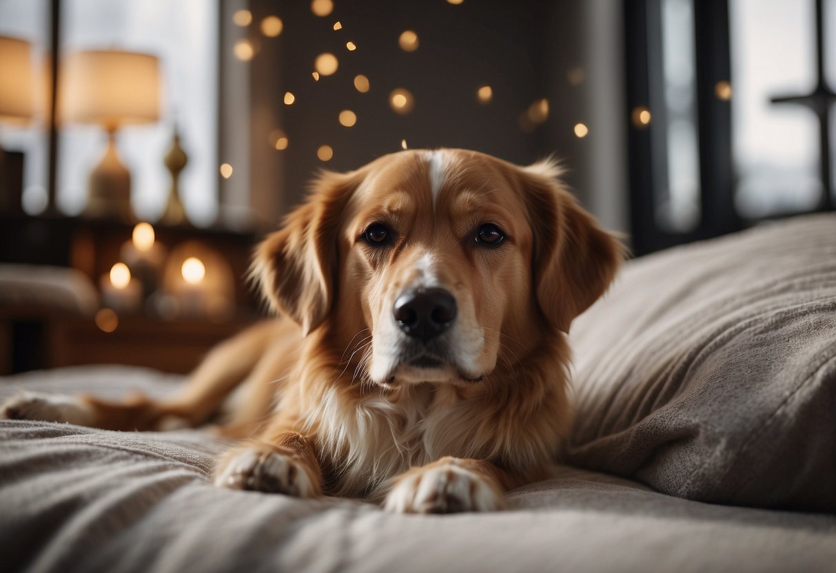 A dog lying comfortably on a soft bed, surrounded by calming scents of frankincense oil diffusing in the air, creating a peaceful and soothing atmosphere
