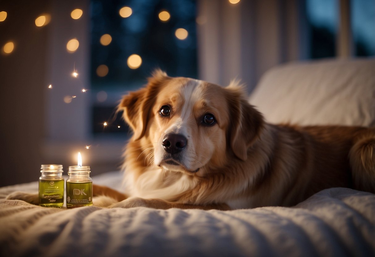 A dog lying on a cozy bed, surrounded by calming essential oil diffusers. Lightning flashes outside as the dog relaxes, comforted by the soothing scent