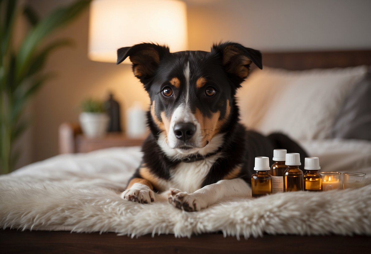 A dog lying on a cozy bed, surrounded by calming essential oils diffusing in the air. The dog appears relaxed and content, with a peaceful expression on its face