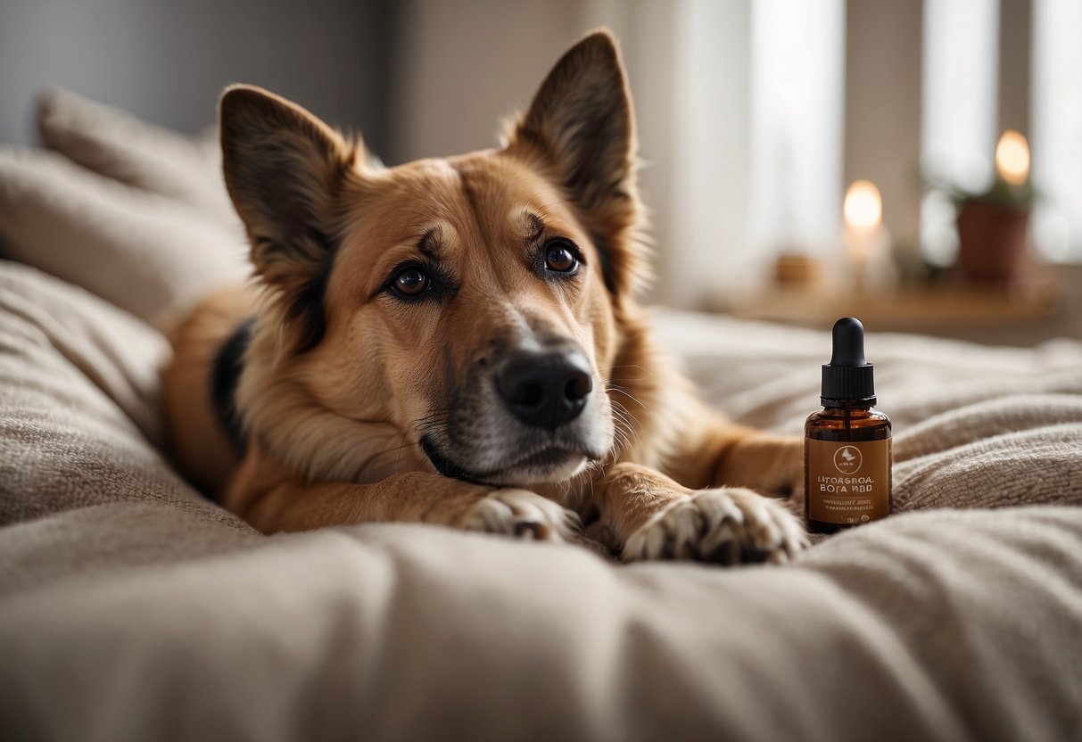 A dog lying on a cozy bed, surrounded by calming essential oils diffusing in the air. The dog looks relaxed and at ease, showing no signs of travel anxiety
