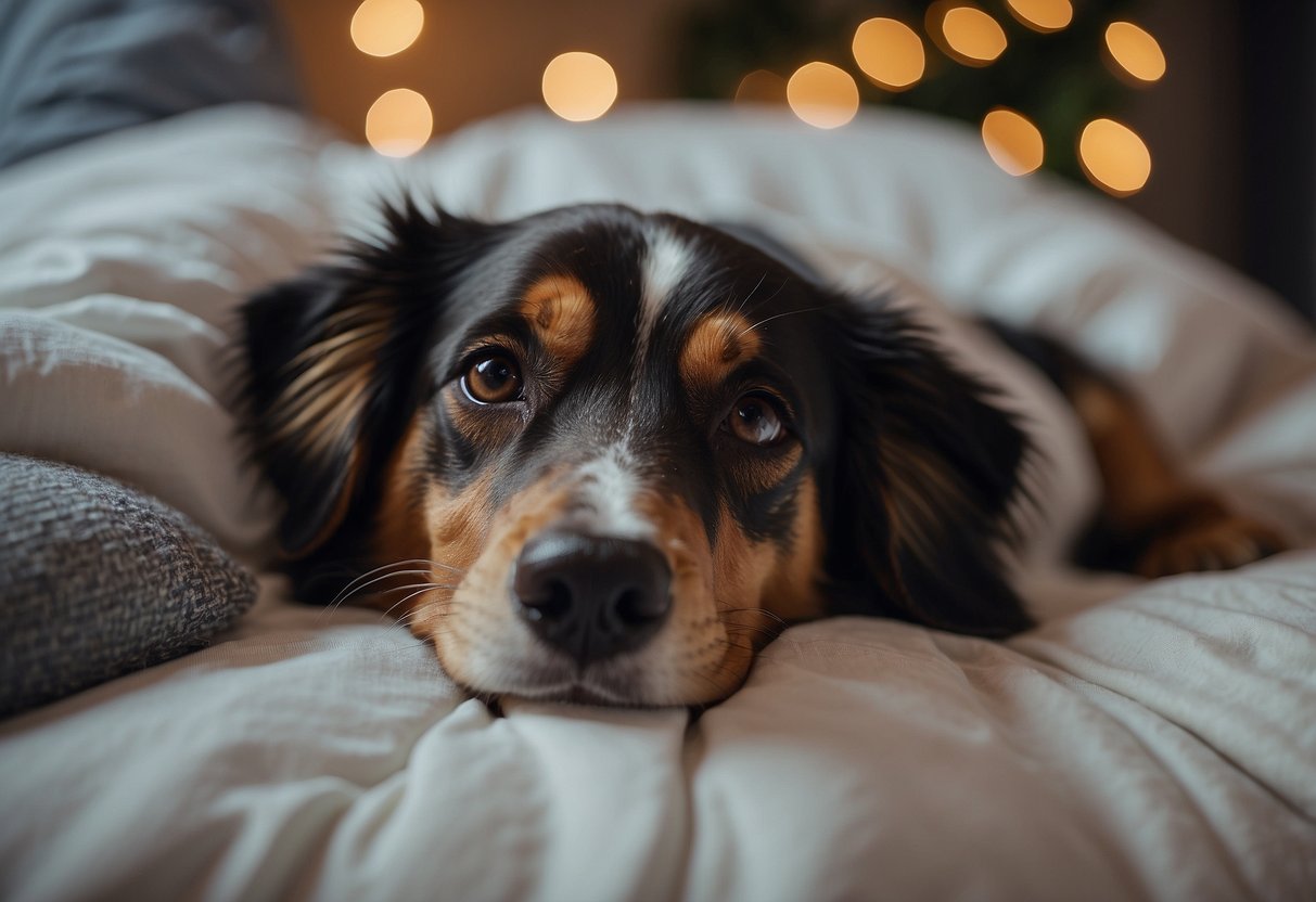 A dog lying on a cozy bed surrounded by calming essential oils diffusing in the air, with a peaceful expression on its face