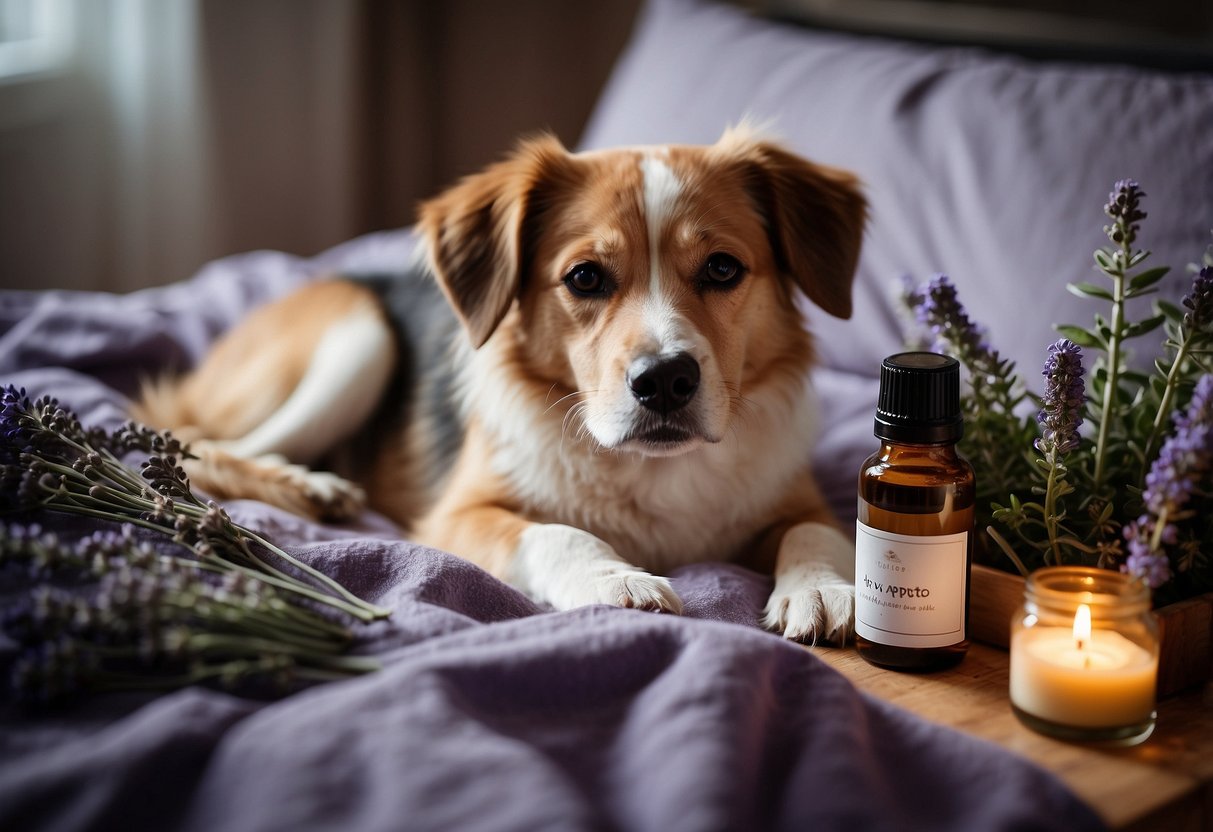 A dog lying on a cozy bed, surrounded by calming essential oils like lavender and chamomile. The dog looks relaxed and content, with a peaceful expression on its face