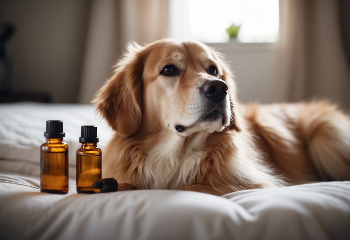 A dog lying on a cozy bed, surrounded by calming essential oils, with a peaceful expression on its face, demonstrating relief from separation anxiety