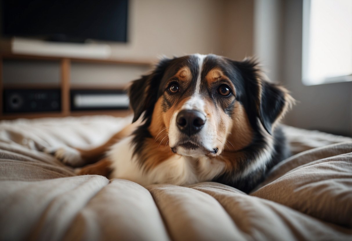 A dog lying on a cozy bed, surrounded by calming music playing from a nearby speaker. The dog appears relaxed and content, with a peaceful expression on its face