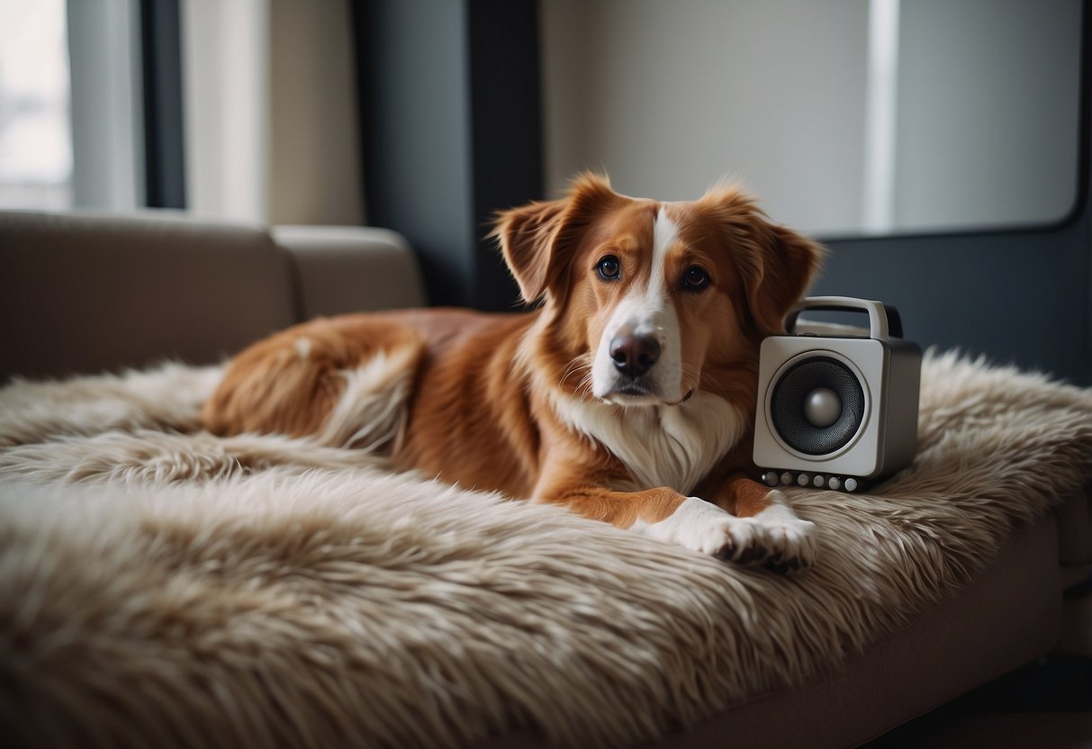 A dog lying on a cozy bed, surrounded by calming music playing from a speaker. The dog's ears are relaxed, and its body language is calm and at ease