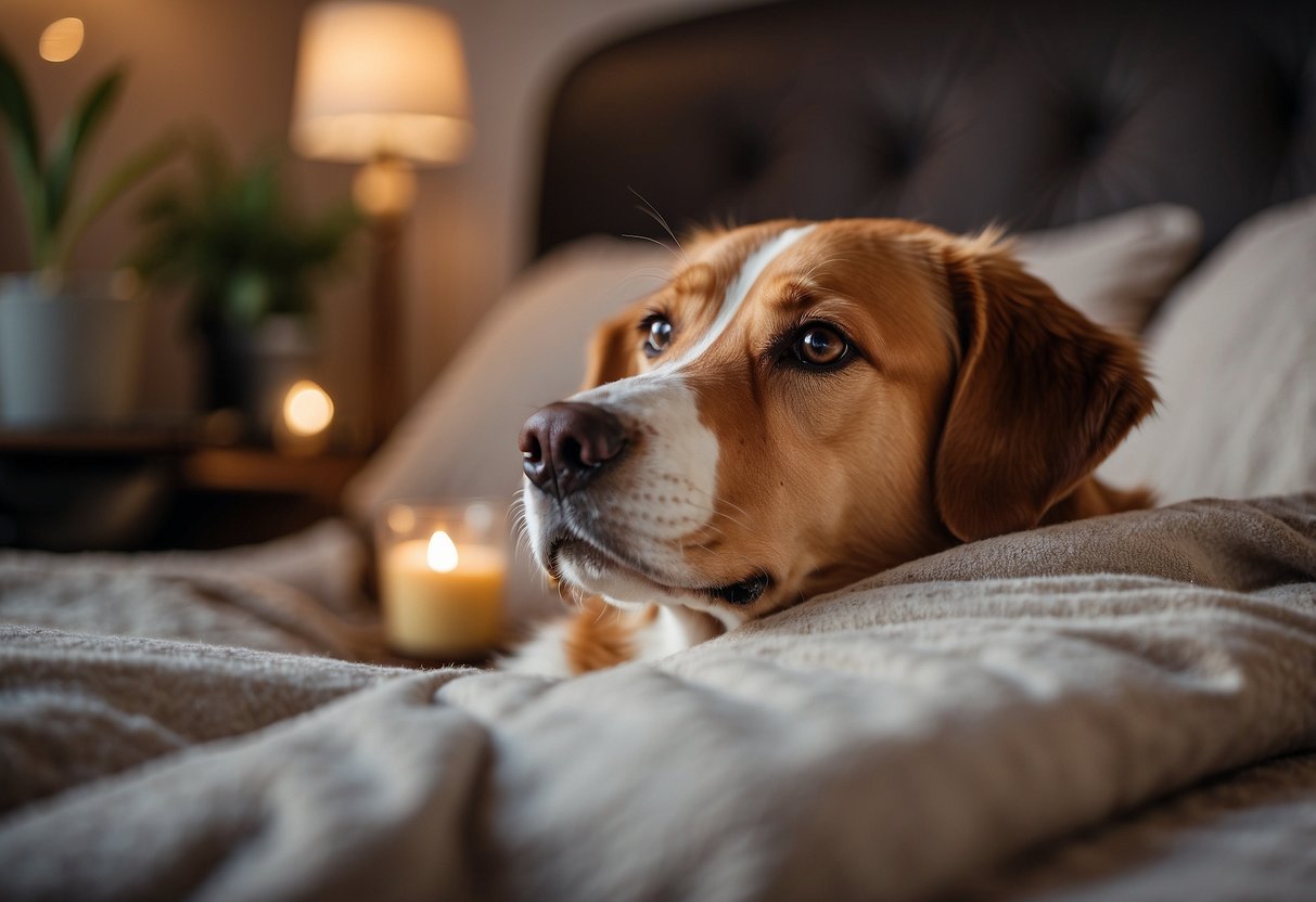 A dog lying on a cozy bed, surrounded by calming scents of frankincense oil diffusing in the air, with a relaxed and content expression on its face