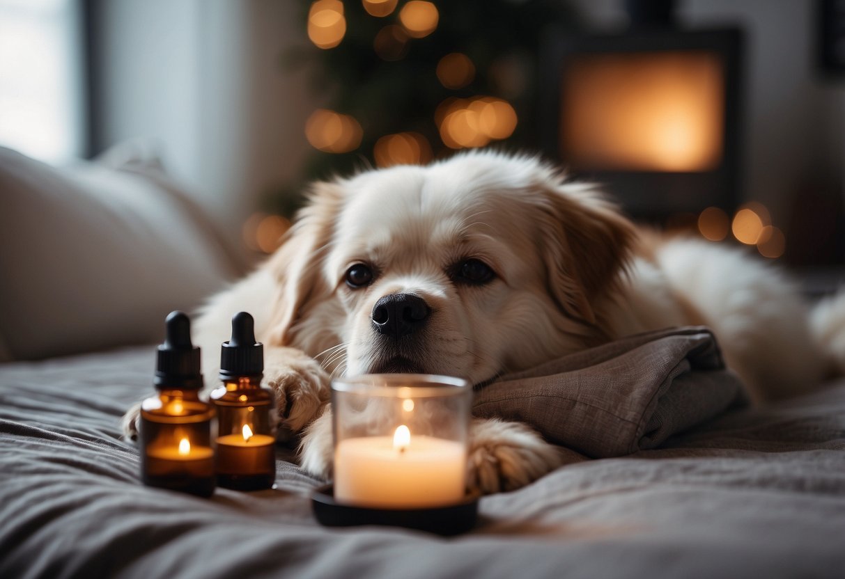 A dog lying on a cozy bed, surrounded by diffusers emitting calming essential oils. The room is quiet and peaceful, with soft lighting and gentle background music playing