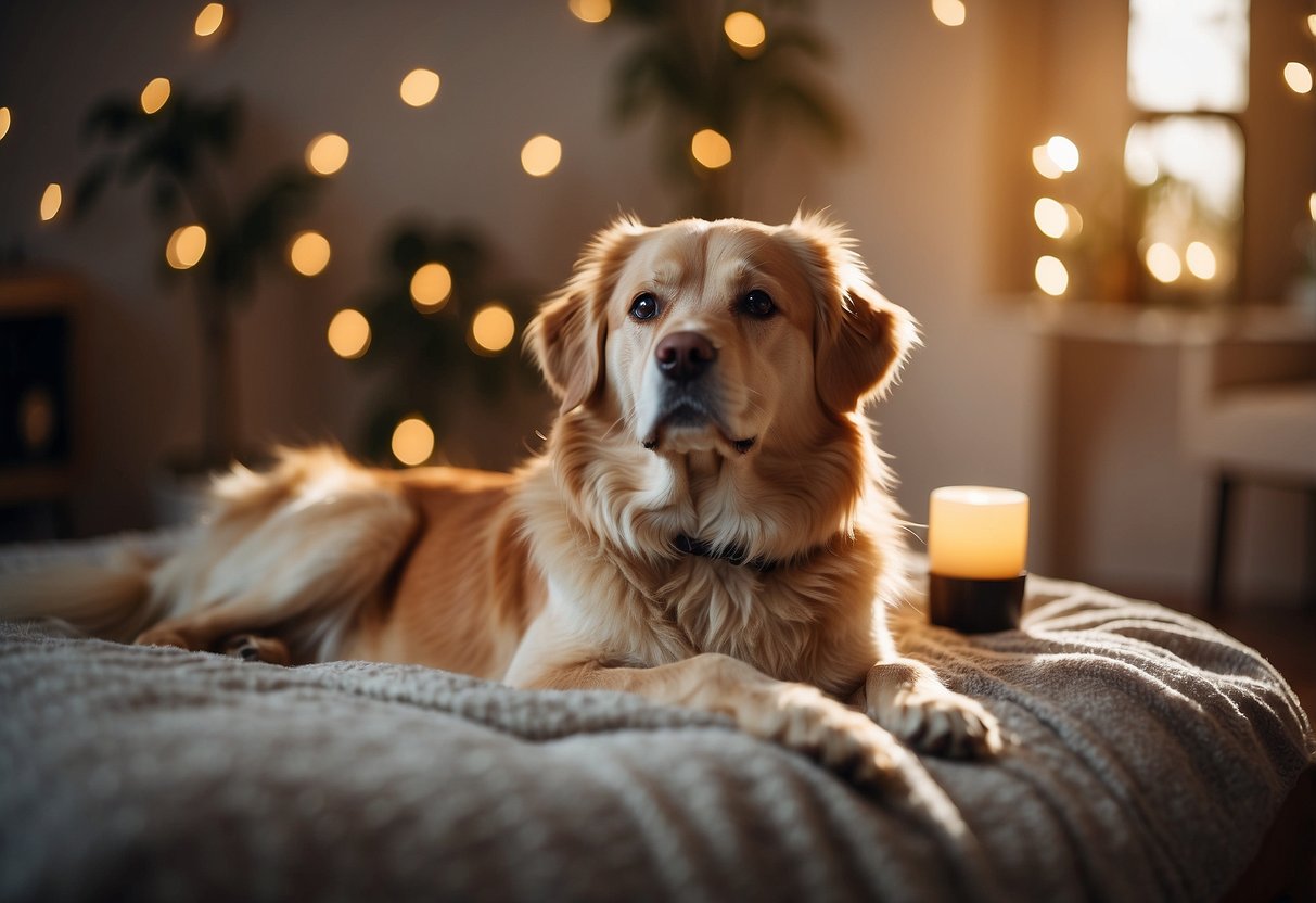 A dog lying on a cozy bed, surrounded by diffusers emitting calming essential oils. The room is softly lit, creating a peaceful and relaxing atmosphere for the dog to adjust to its new environment