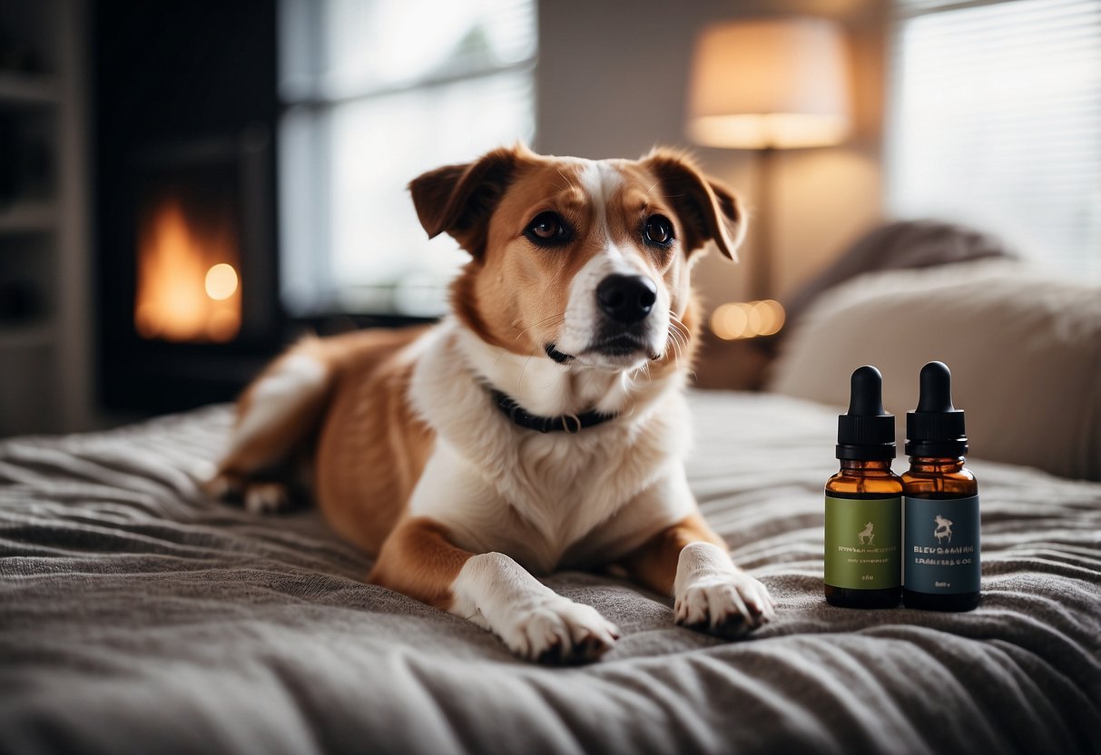 A dog lying on a cozy bed surrounded by diffusers emitting calming essential oils, with soft music playing in the background to create a peaceful atmosphere