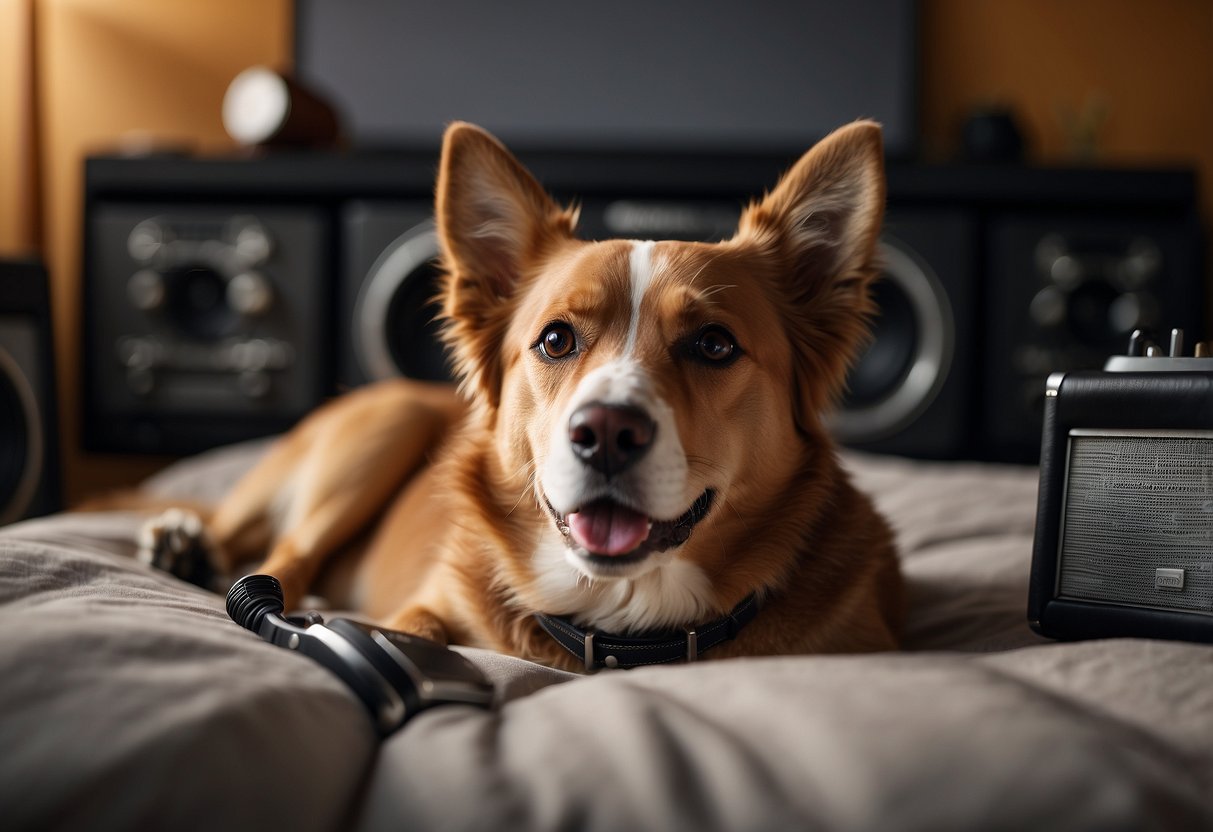 A dog lying on a cozy bed, surrounded by musical instruments and speakers playing calming music. The dog appears relaxed and content, with a peaceful expression on its face