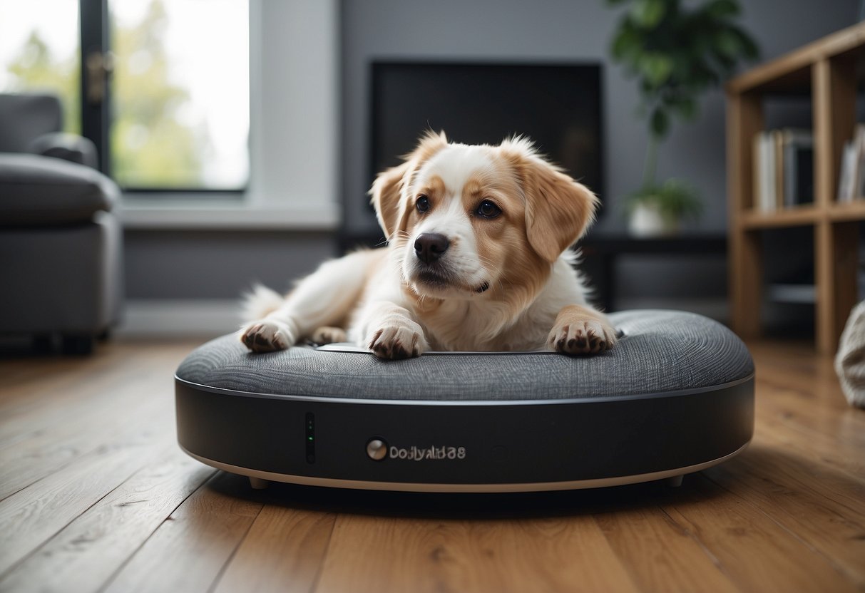 A dog lying on a cozy bed, surrounded by soft music playing from a speaker. The dog appears relaxed and content, with a peaceful expression on its face