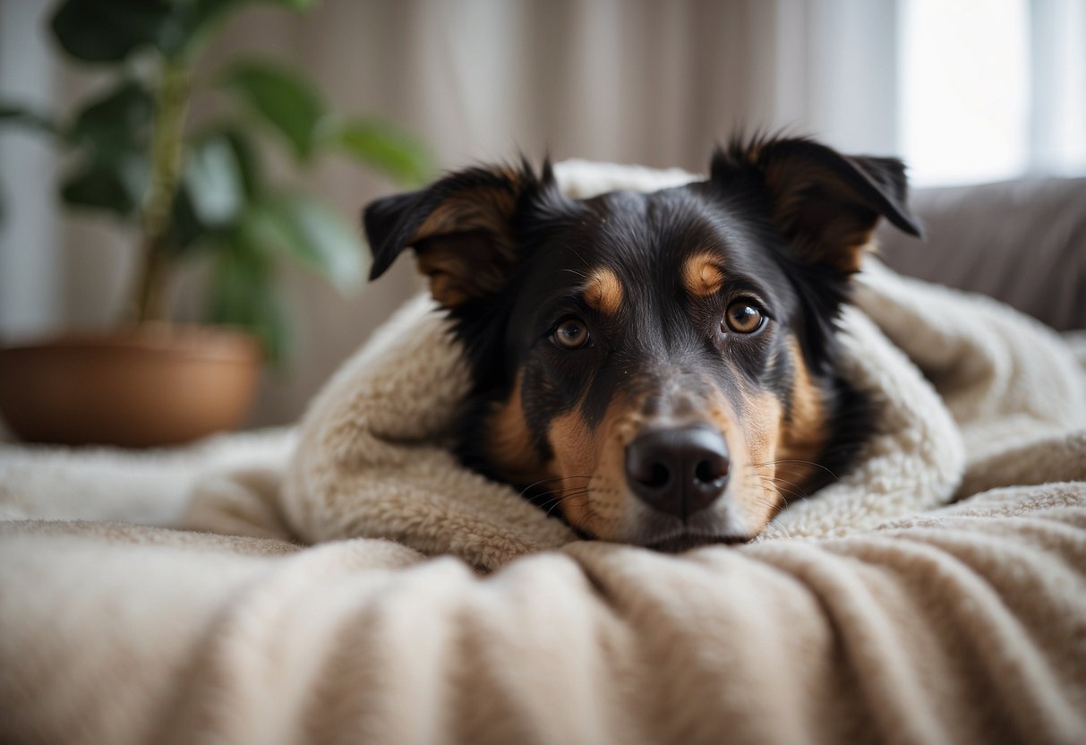 A dog lying on a cozy bed, with a diffuser emitting frankincense oil nearby. The dog looks calm and relaxed, with a peaceful expression on its face