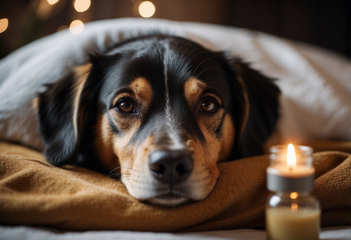A dog lying on a cozy bed, with a diffuser emitting frankincense oil nearby. The dog looks relaxed and content, with a peaceful expression on its face