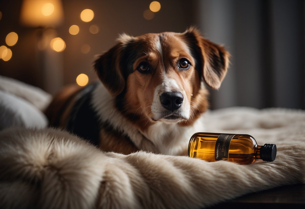 A dog lying on a cozy bed, with a small bottle of essential oil and a dropper nearby. A gentle hand is applying the oil to the dog's fur with care