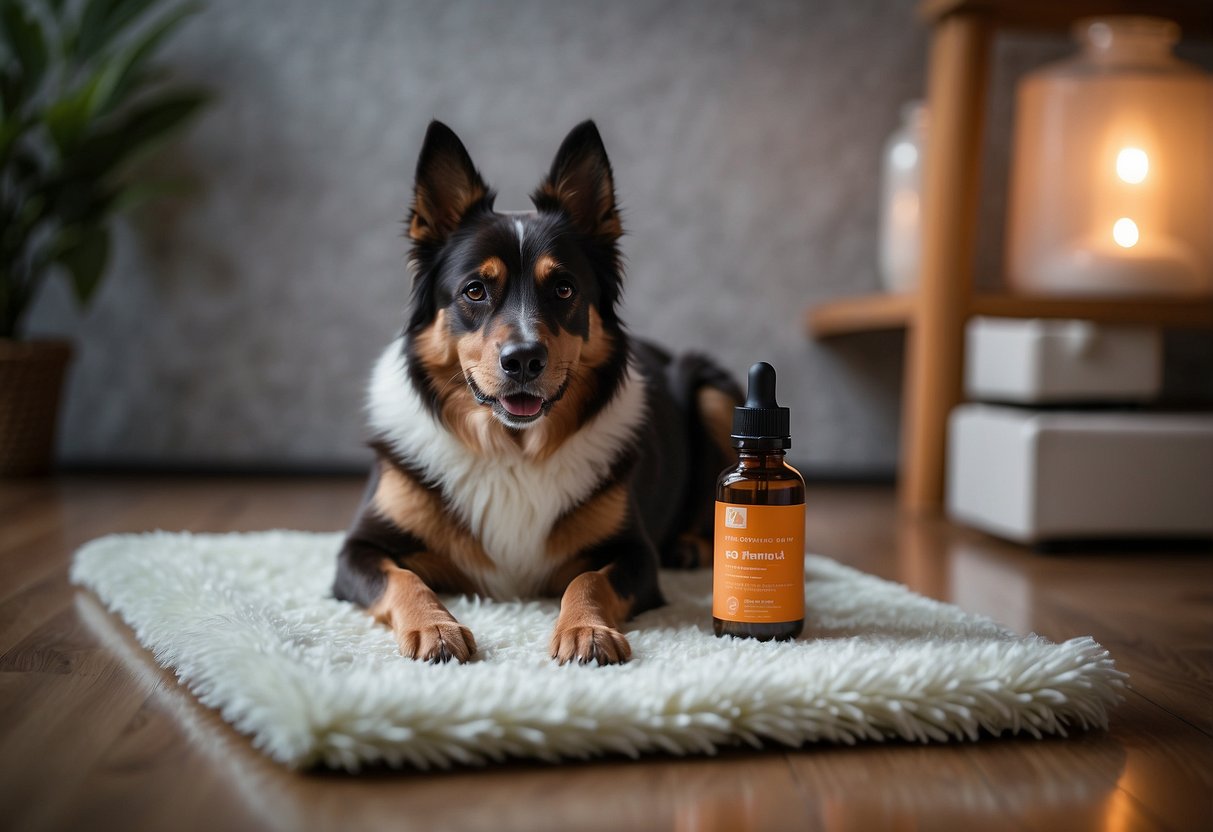 A dog lying on a cozy mat, surrounded by diffusers emitting calming essential oils. A vet visit flyer sits nearby