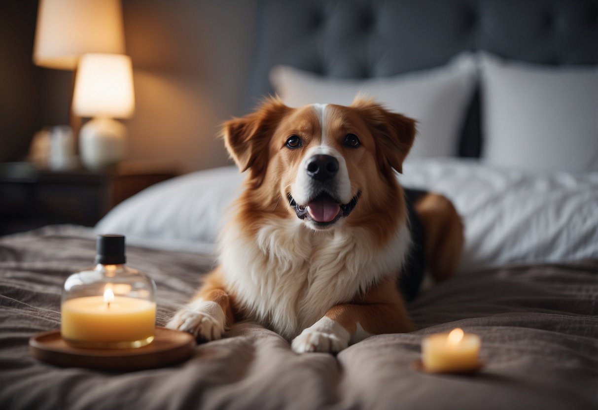 A dog lying on a soft bed surrounded by calming essential oils diffusing in the air, with gentle music playing in the background