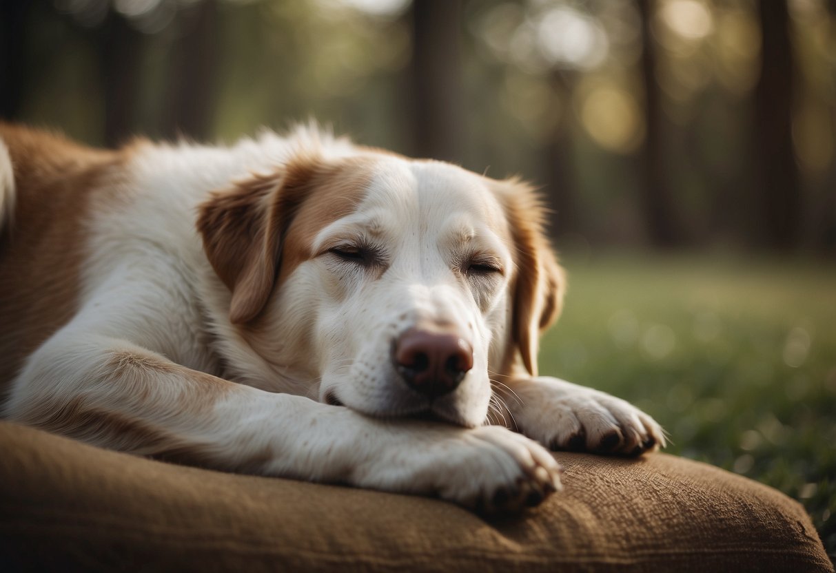 A dog lying on its side, eyes closed, as gentle hands apply pressure to its back and legs in a calming massage technique