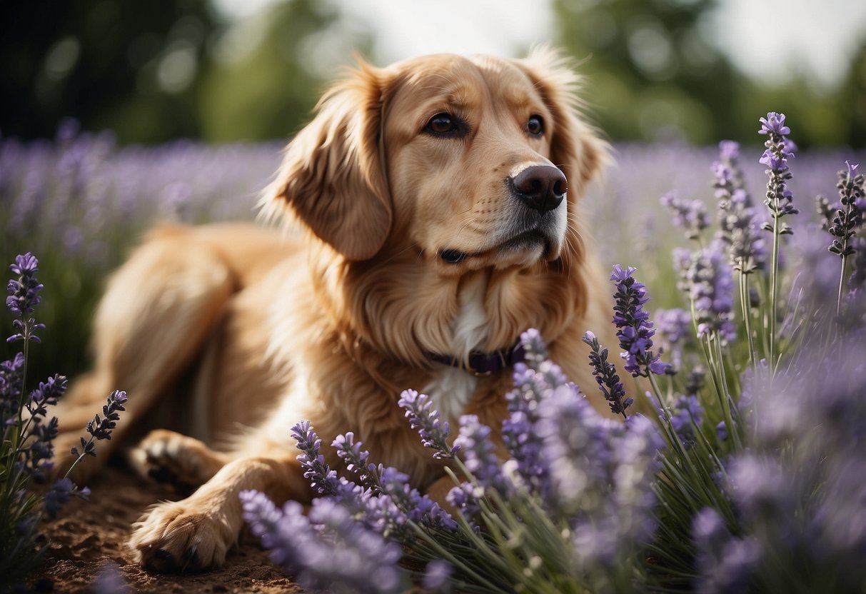 A dog lying peacefully amidst a scattering of lavender and chamomile flowers, with a diffuser emitting a calming blend of essential oils in the background