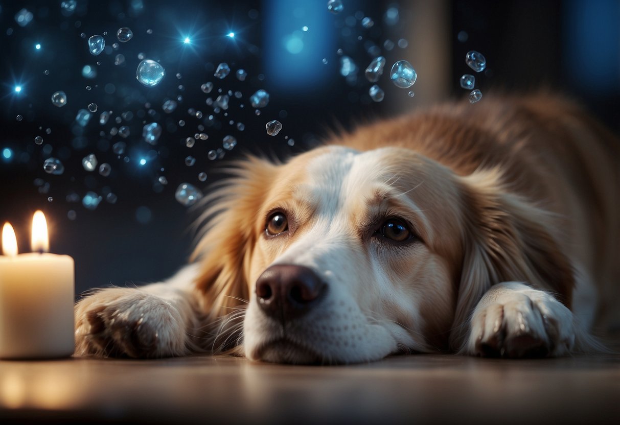 A dog lying peacefully as essential oils are diffused in the air, creating a calming atmosphere. A scientific diagram of the brain showing reduced anxiety levels