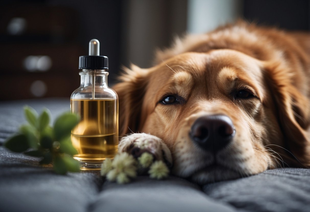 A dog lying peacefully next to a diffuser emitting a calming essential oil blend, with a relaxed expression and slow, steady breathing