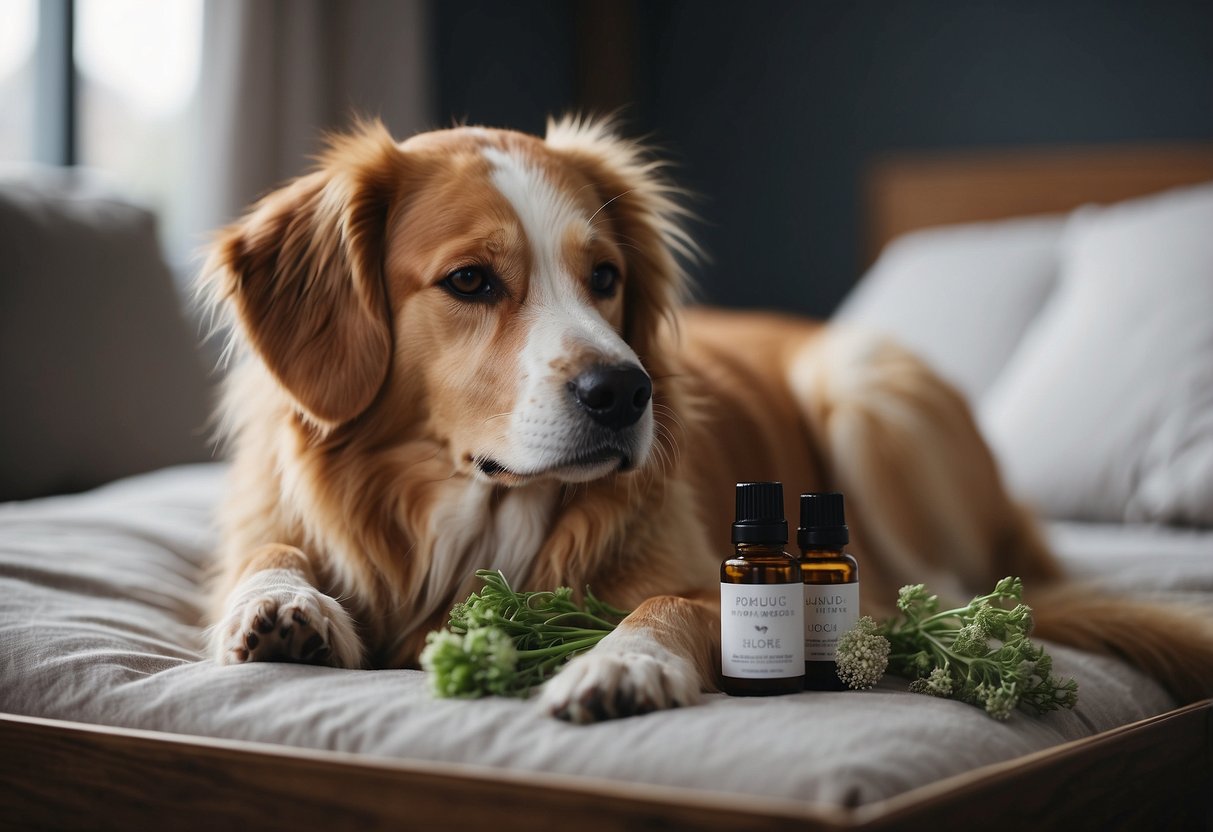 A dog lying peacefully on a cozy bed, surrounded by calming essential oils. A diffuser emits a gentle mist of valerian root oil, creating a serene atmosphere
