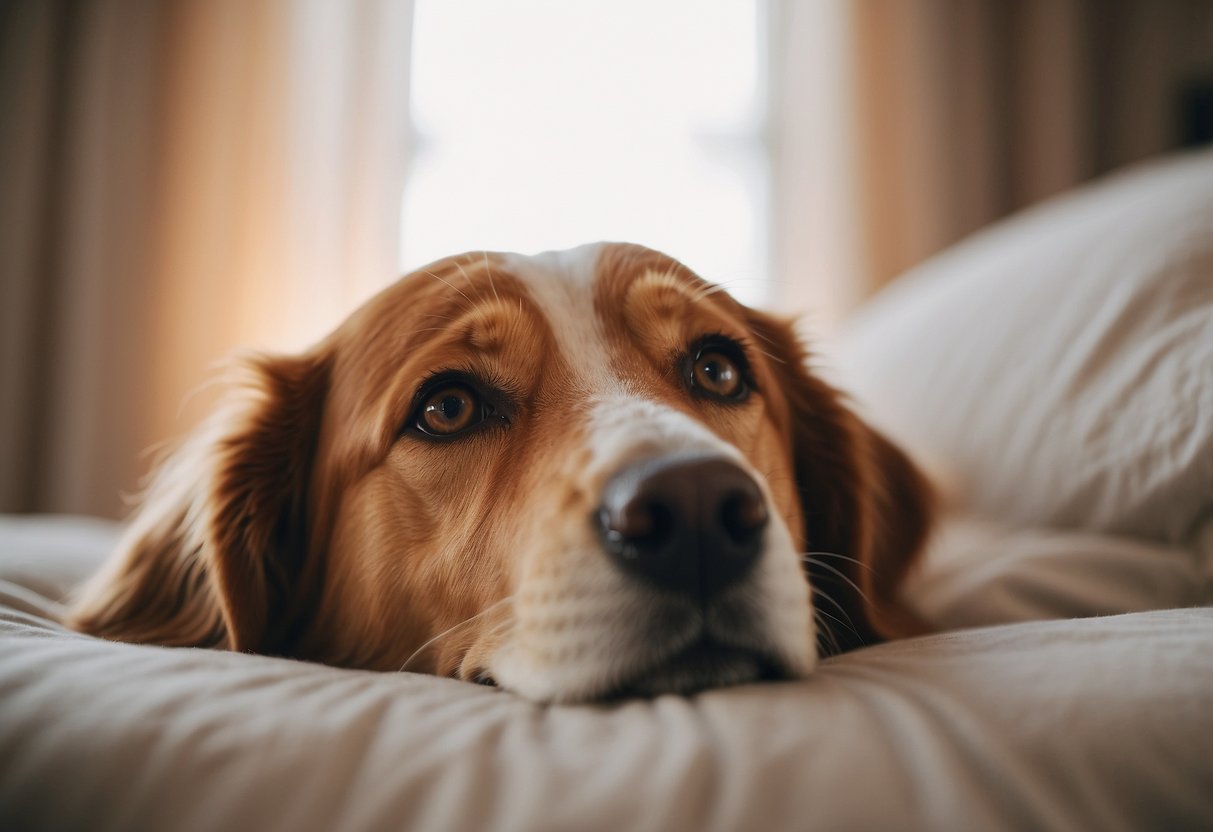 A dog lying peacefully on a cozy bed surrounded by calming essential oils diffusing in the air, with a serene and relaxed expression on its face